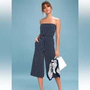 Lulu’s Saltwater and Sun Navy Blue Striped Strapless Midi Jumpsuit